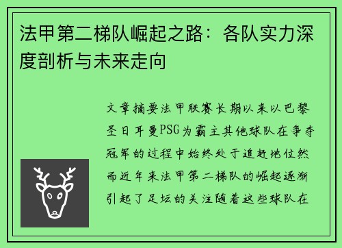 法甲第二梯队崛起之路：各队实力深度剖析与未来走向