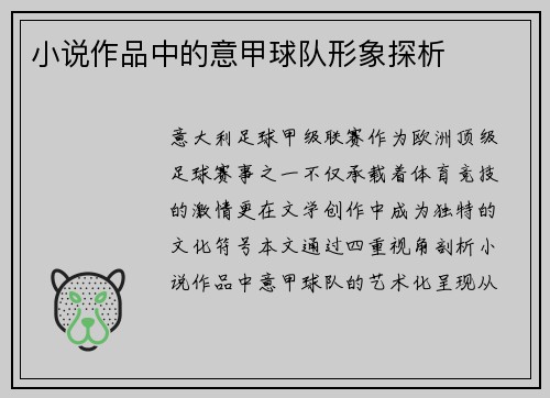 小说作品中的意甲球队形象探析
