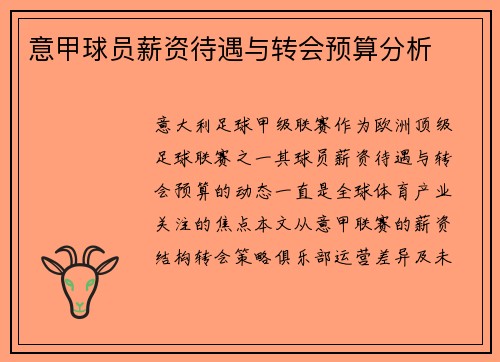 意甲球员薪资待遇与转会预算分析