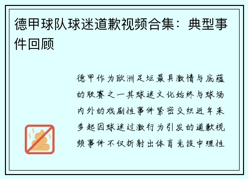 德甲球队球迷道歉视频合集：典型事件回顾